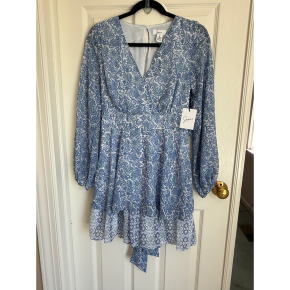 Japna Dresses & Skirts - Japna Blue Floral V-Neck Ruffle Mini Dress Long Balloon Sleeve NWT Medium